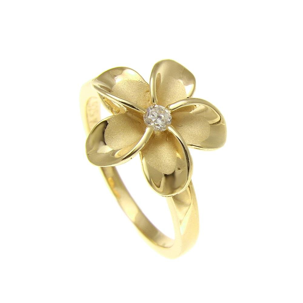 Arthur's Jewelry Yellow gold plated sterling silver 925 15mm Hawaiian plumeria flower cz ring size 7