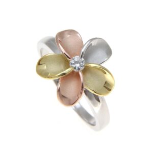 Arthur's Jewelry 925 sterling silver Hawaiian yellow pink rose gold rhodium tricolor plated 15mm single plumeria flower cz ring size 7