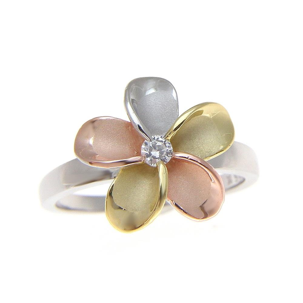 Arthur's Jewelry 925 sterling silver Hawaiian yellow pink rose gold rhodium tricolor plated 15mm single plumeria flower cz ring size 7