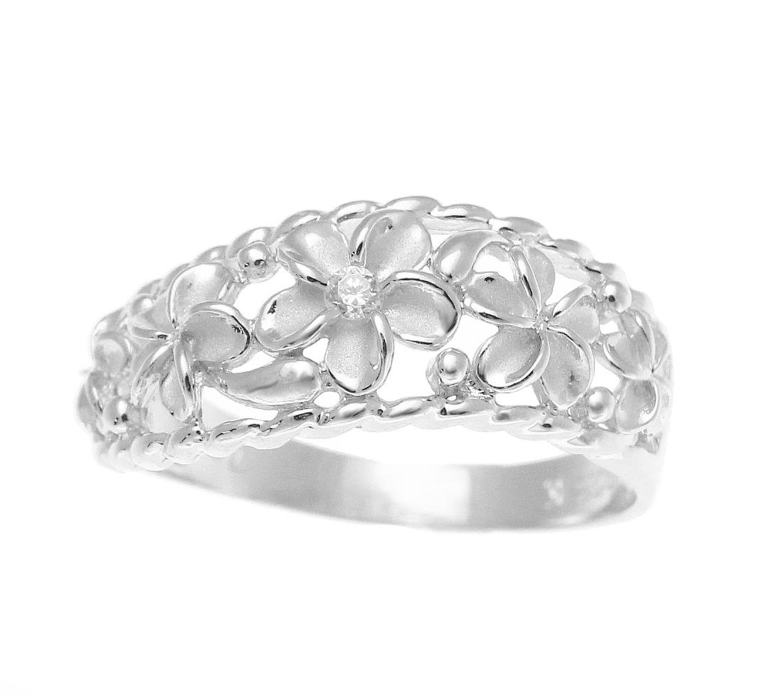 Arthur's Jewelry Sterling silver 925 Hawaiian 5 plumeria flower cz ring curve style rhodium plated size 10