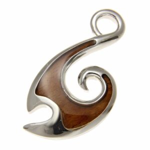 Arthur's Jewelry Koa Wood Hawaiian Ocean Wave Fish Hook Rhodium Plated Brass Pendant Charm