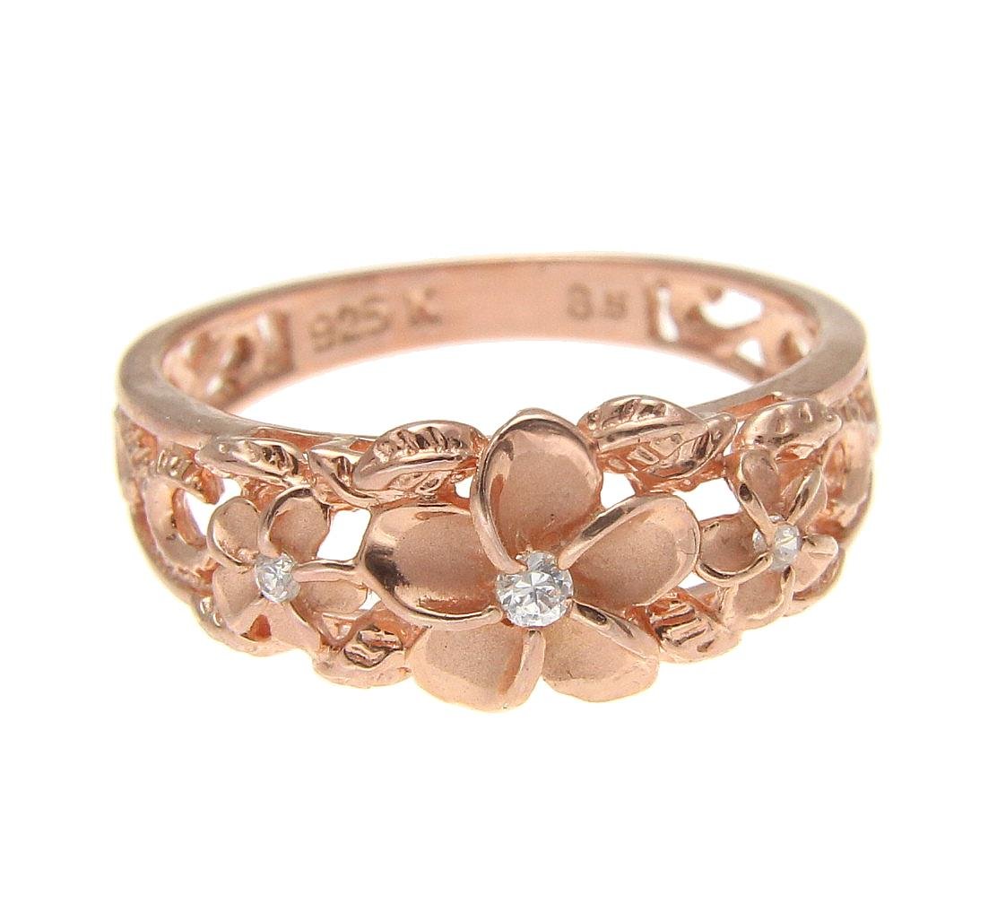 Arthur's Jewelry Rose pink gold plated silver 925 Hawaiian 3 plumeria flower cz ring maile cut out scroll size 4.5