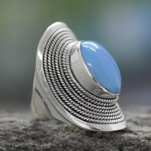 NOVICA Artisan Handmade .925 Sterling Silver Cocktail Ring Jewelry Chalcedony from India Blue Single Stone Placid Serenity Bollywood Bohemian 'Jaipur Skies'