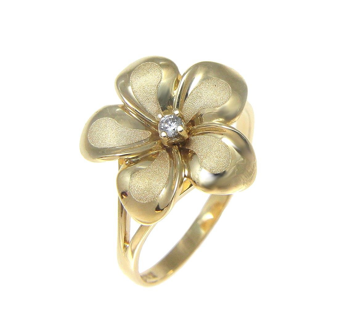 Arthur's Jewelry 14K solid yellow gold 15mm Hawaiian single plumeria flower cz ring