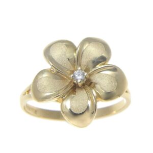 Arthur's Jewelry 14K solid yellow gold 15mm Hawaiian single plumeria flower cz ring