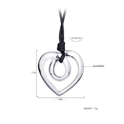 welbijoux Heart Shape Long Pendant Necklace Silver Plated Black PU Leather Rope Long Chain Necklace for Women