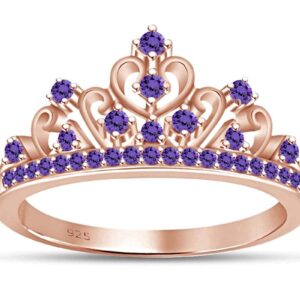 AFFY Round Cut Simulated Amethyst Princess Crown Ring in 14k Rose Gold Over Sterling Silver