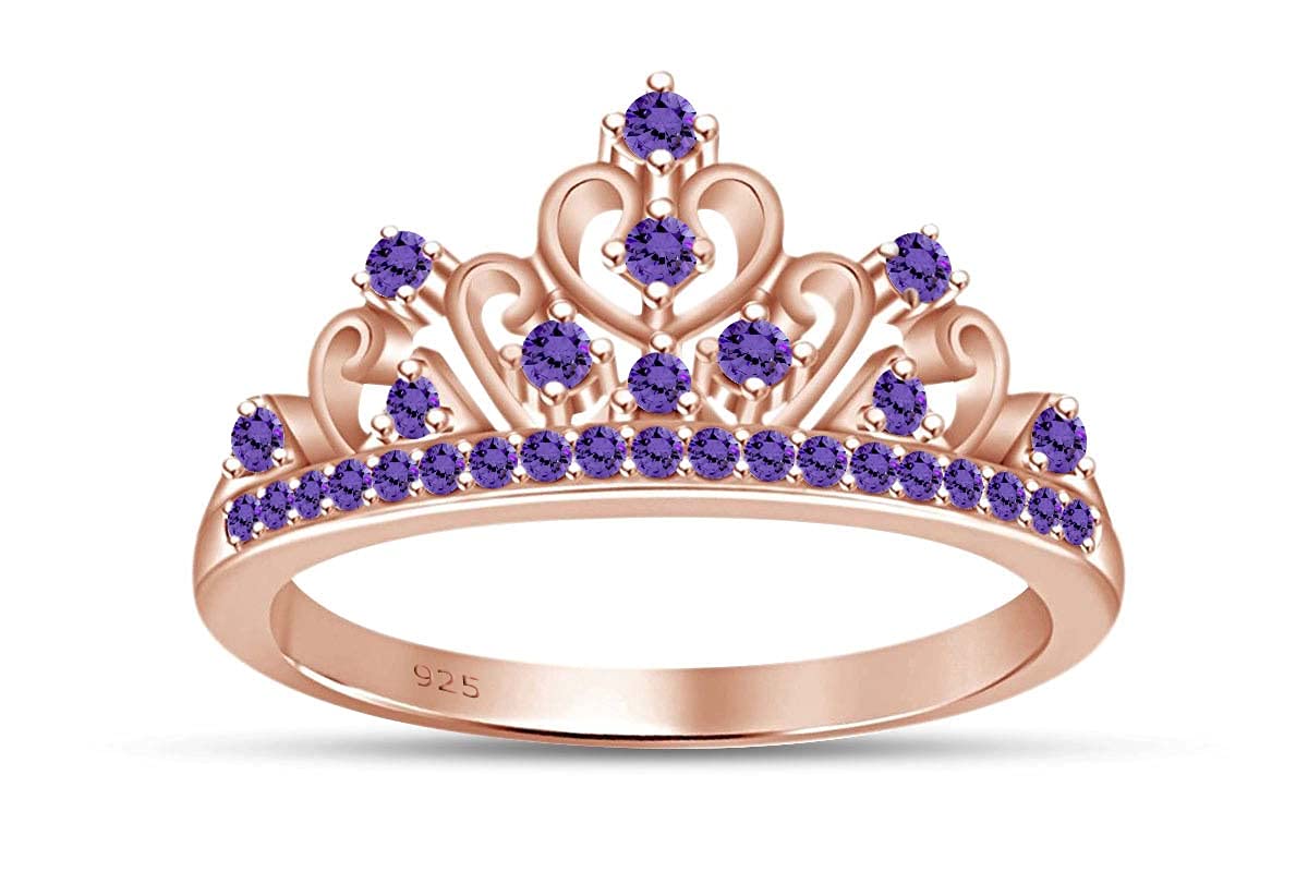 AFFY Round Cut Simulated Amethyst Princess Crown Ring in 14k Rose Gold Over Sterling Silver