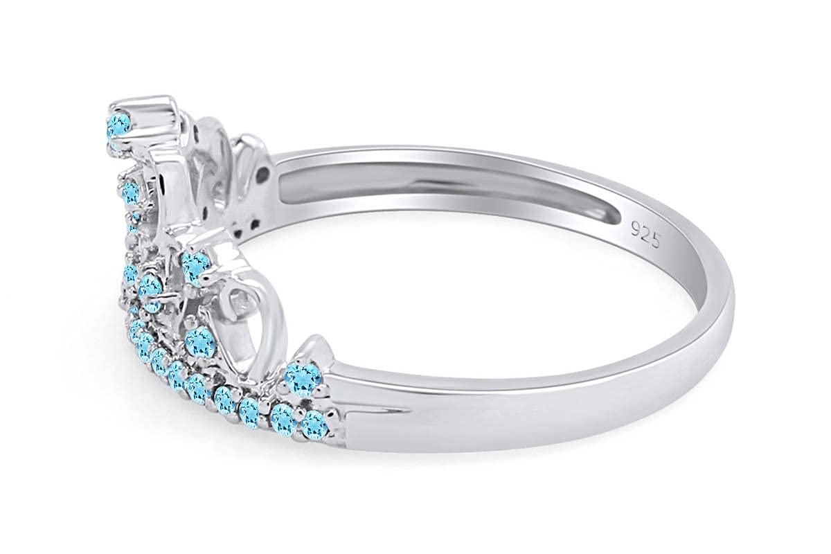 AFFY Round Cut Simulated Aquamarine Princess Crown Ring in 14k White Gold Over Sterling Silver