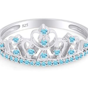 AFFY Round Cut Simulated Aquamarine Princess Crown Ring in 14k White Gold Over Sterling Silver