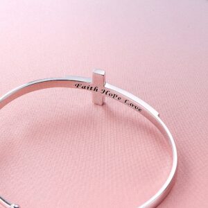 DAOCHONG S925 Sterling Silver Engraved Faith Hope Love Inspirational Cuff Cross Bangle for Women Sister