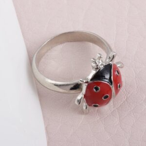 PANGRUI Cute Red Enamel Six-Spotted Ladybug Ring (Silver, 9)