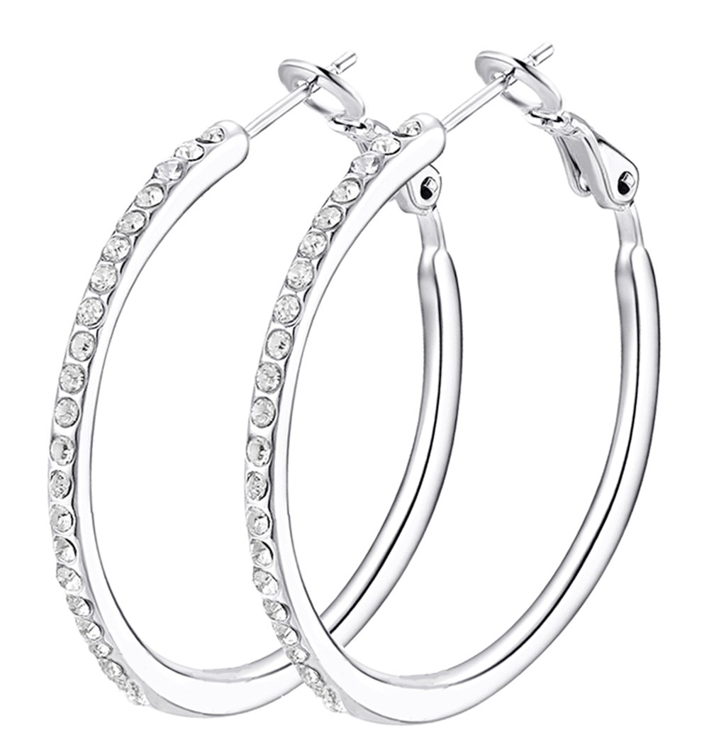 Silver Hoop Earrings, Rhinestone Cubic Zirconia Hoops Fashion Jewelry White Gold Plated Big Hoop Earrings for Women