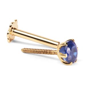 Demira Jewels Genuine Natural Blue Sapphire Nose Stud - 14K Yellow Gold, 3.5mm Stone, Rhodium Plated, 6mm Post Length.