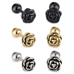 Cottvott Flowers Surgical Steel Earrings Studs for Womens Gold Black (18G(1mm) post,Mix Color)