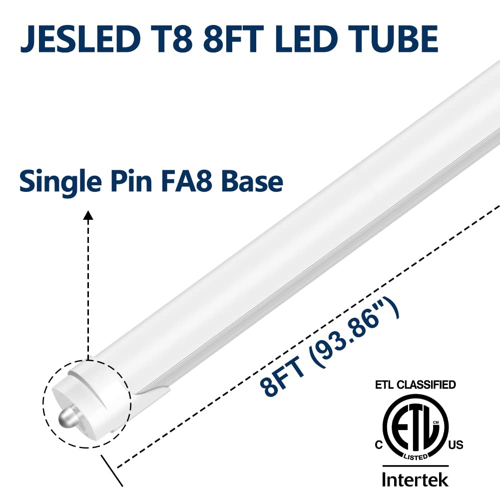 JESLED T8 T10 T12 8FT LED Light Bulbs, 50W 6000LM, 5000K Daylight White, Single Pin Fa8 LED Tube Replacement for Fluorescent Fixtures, Frosted, Ballast Bypass, Warehouse Workshop Garage Lights 4-Pack