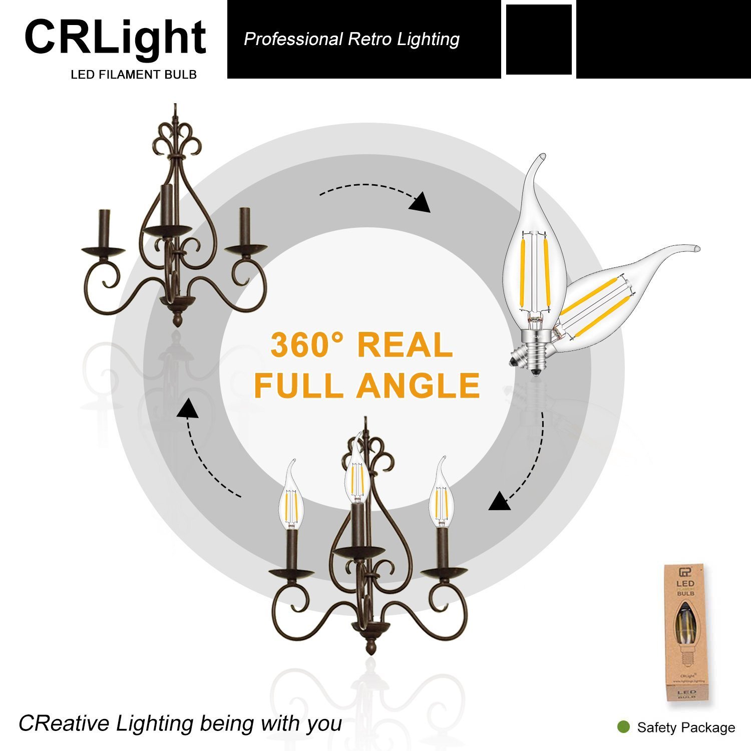 CRLight 2W Dimmable 25W Equivalent LED Candelabra Bulb 2700K Warm White 250LM, E12 Chandelier LED Candle Bulbs, C35 Clear Glass Flame Shape Bent Tip, 6 Pack