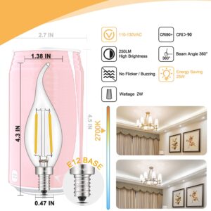 CRLight 2W Dimmable 25W Equivalent LED Candelabra Bulb 2700K Warm White 250LM, E12 Chandelier LED Candle Bulbs, C35 Clear Glass Flame Shape Bent Tip, 6 Pack