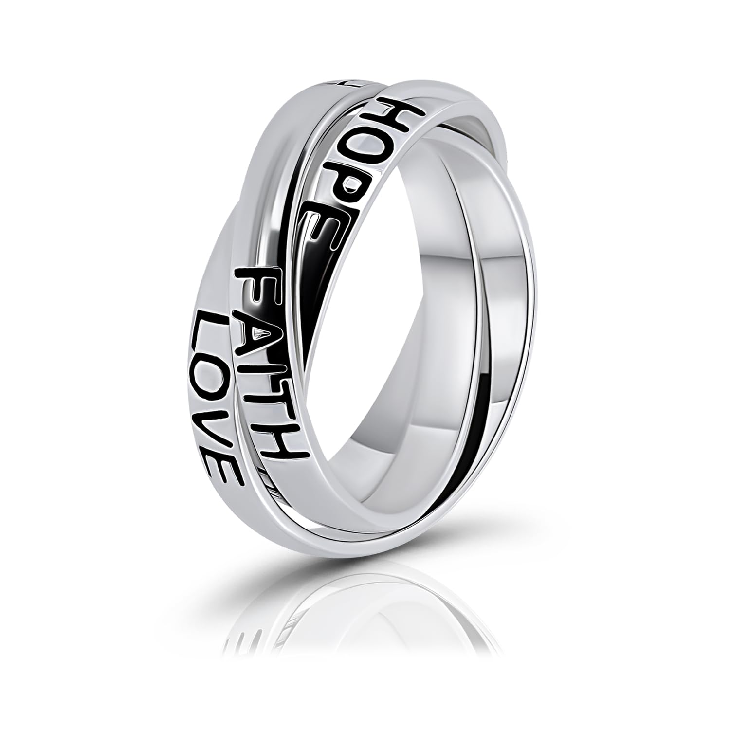 Hoops & Loops Sterling Silver HOPE FAITH LOVE Inspirational Triple Interlocking Ring, Size 7