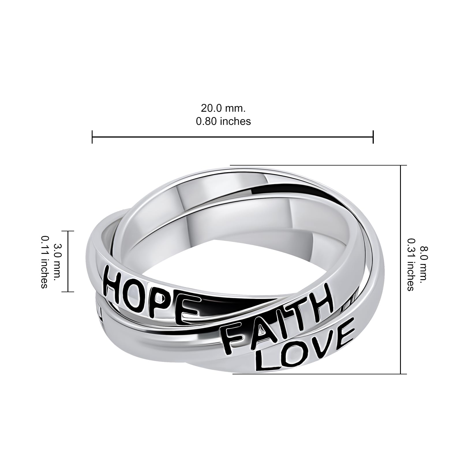 Hoops & Loops Sterling Silver HOPE FAITH LOVE Inspirational Triple Interlocking Ring, Size 7