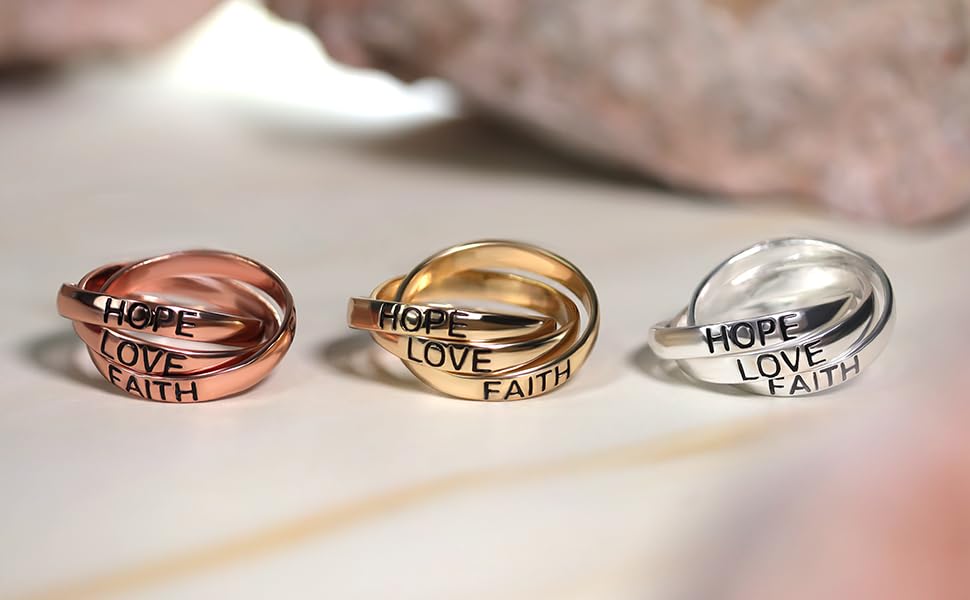 Hoops & Loops Sterling Silver HOPE FAITH LOVE Inspirational Triple Interlocking Ring, Size 7