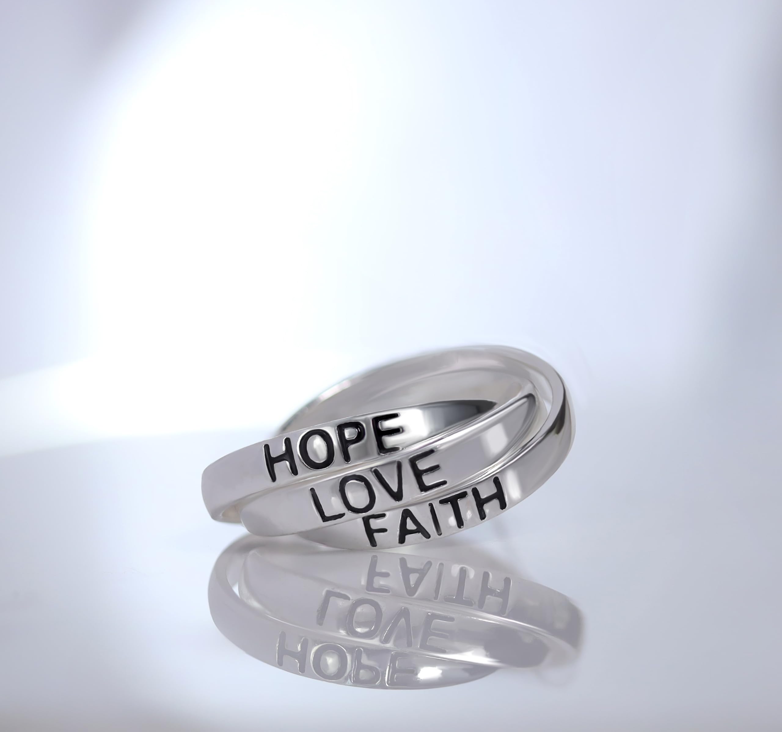 Hoops & Loops Sterling Silver HOPE FAITH LOVE Inspirational Triple Interlocking Ring, Size 7