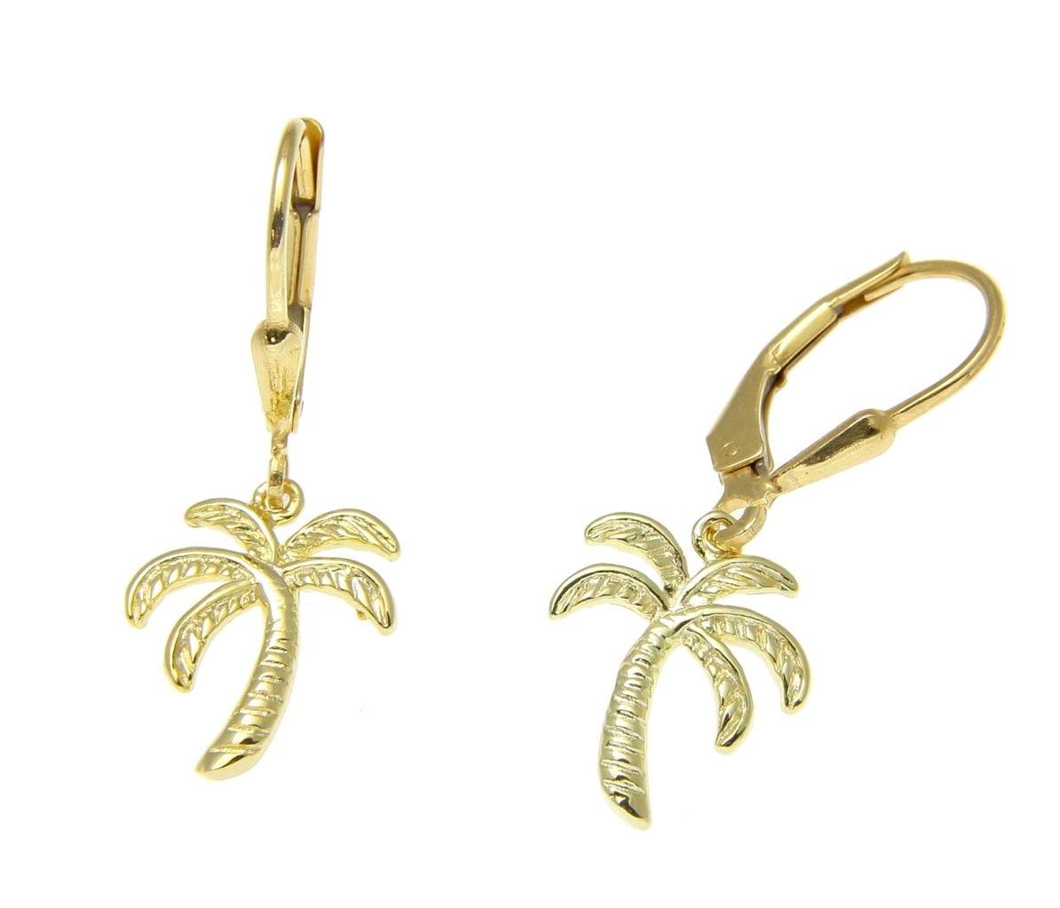 Yellow gold plated on 925 sterling silver Hawaiian palm tree wire leverback earrings