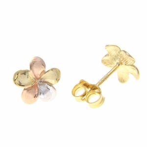 tricolor gold Hawaiian 9mm plumeria flower stud post earrings