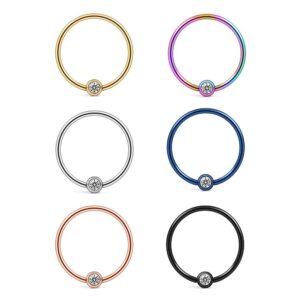 ruifan 22g 8mm clear cz jeweled nose hoop lip eyebrow tongue helix tragus cartilage septum piercing ring 6pcs - mix color 1#