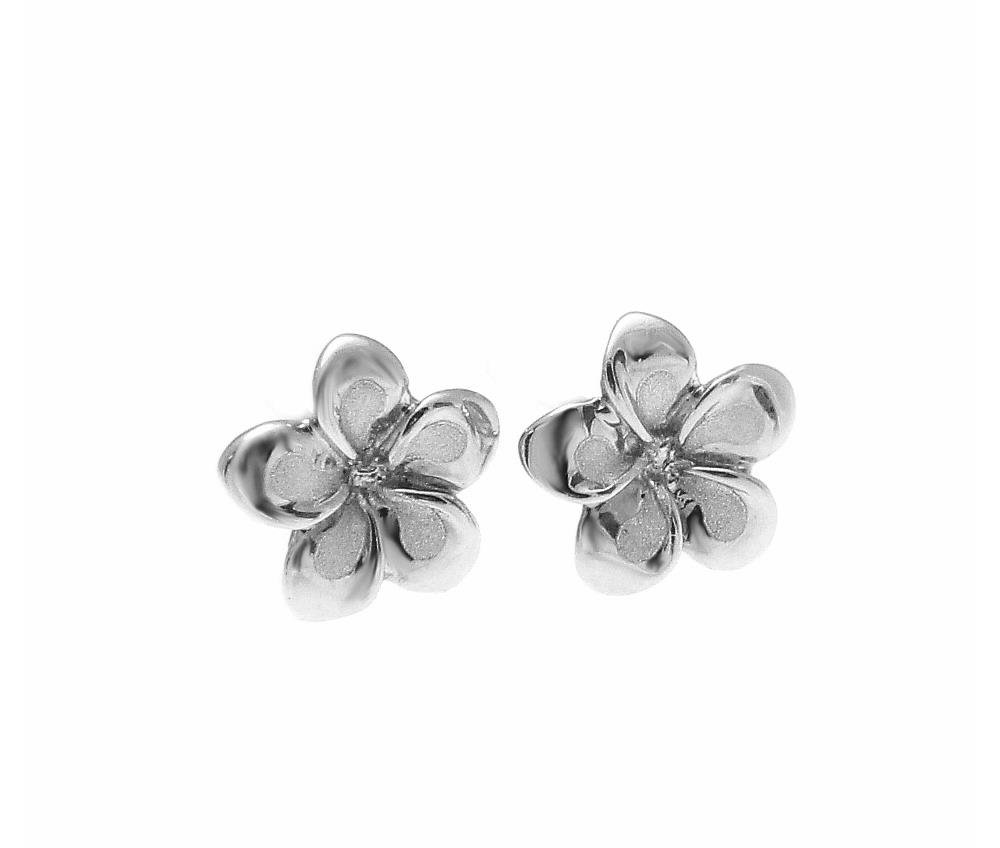 14K solid white gold Hawaiian 7mm tropical plumeria flower stud earrings