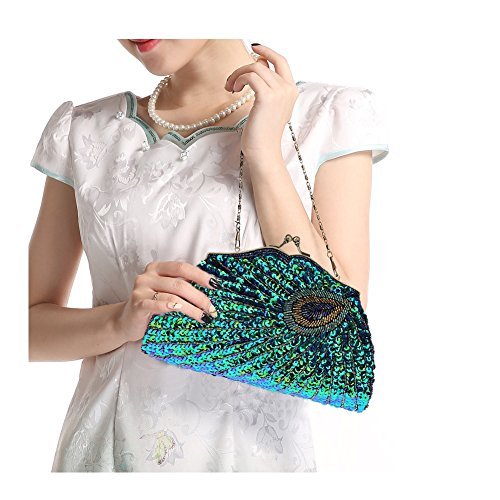 BAGLAMOR Women Full Shining Sequins Handbag Beaded Peacock Embroidery Clutch Purse Evening Bag