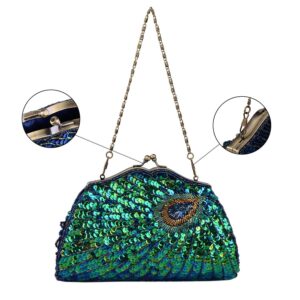 BAGLAMOR Women Full Shining Sequins Handbag Beaded Peacock Embroidery Clutch Purse Evening Bag