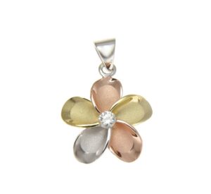 arthur's jewelry 925 sterling silver yellow rose gold tricolor plated hawaiian plumeria pendant cz 15mm