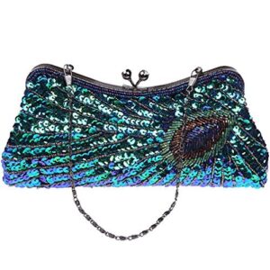 Baglamor Women's Kiss Lock Clutch Sequin Purse Peacock Clutch Bag (Blue)