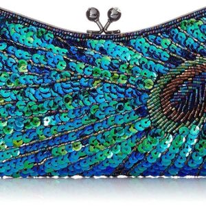 Baglamor Women's Kiss Lock Clutch Sequin Purse Peacock Clutch Bag (Blue)