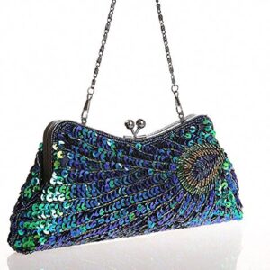 Baglamor Women's Kiss Lock Clutch Sequin Purse Peacock Clutch Bag (Blue)