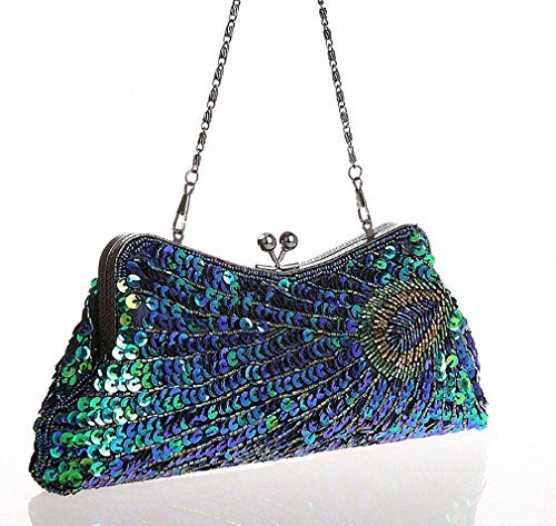 Baglamor Women's Kiss Lock Clutch Sequin Purse Peacock Clutch Bag (Blue)