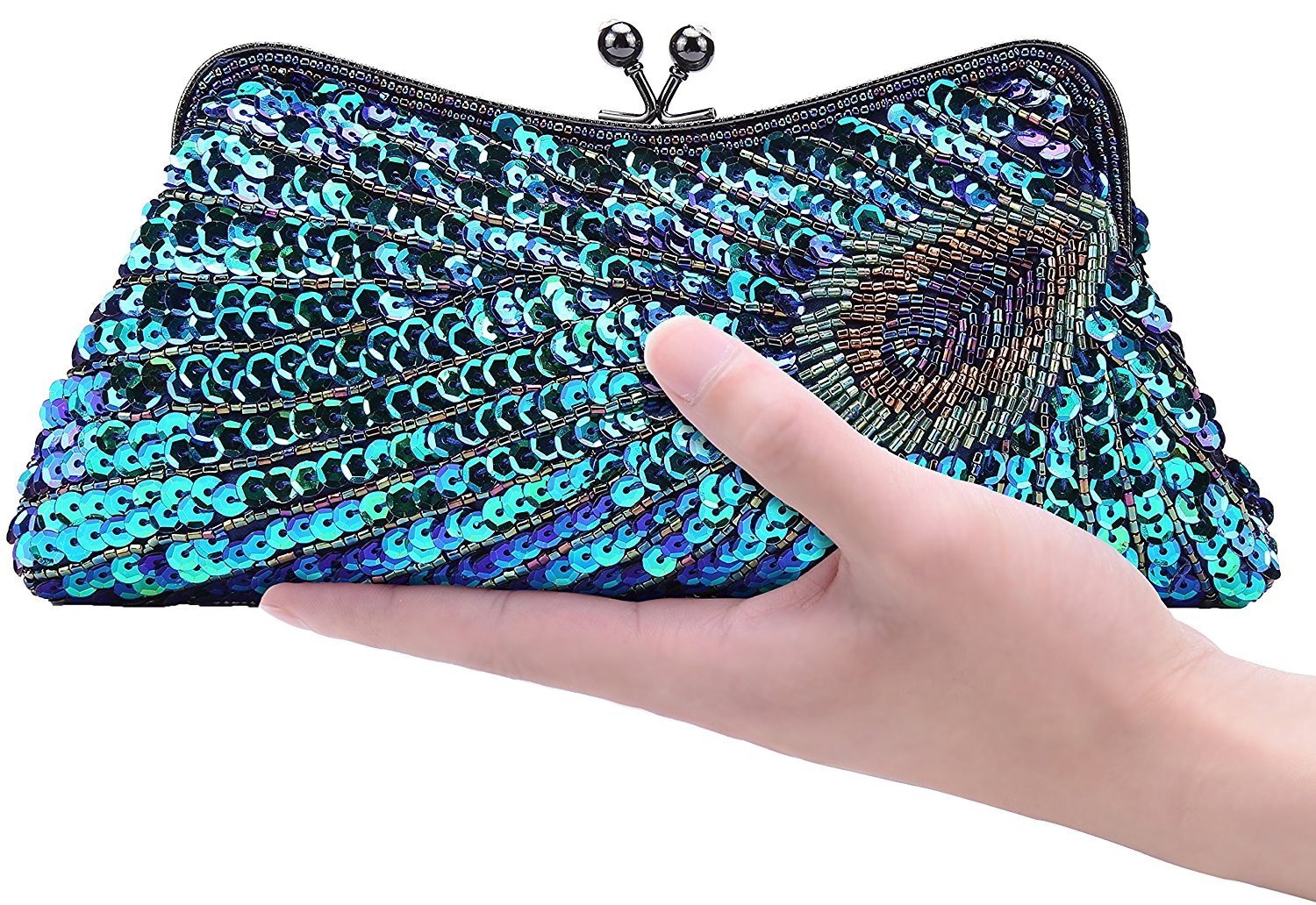 Baglamor Women's Kiss Lock Clutch Sequin Purse Peacock Clutch Bag (Blue)