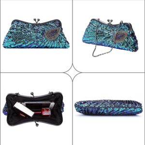 Baglamor Women's Kiss Lock Clutch Sequin Purse Peacock Clutch Bag (Blue)