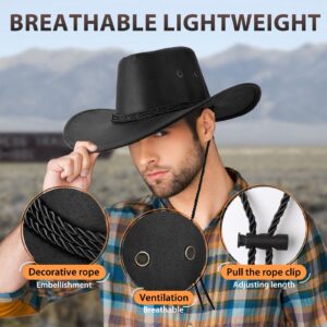 UwantC Mens Faux Felt Western Cowboy Hat Fedora Outdoor Wide Brim Hat with Strap Black