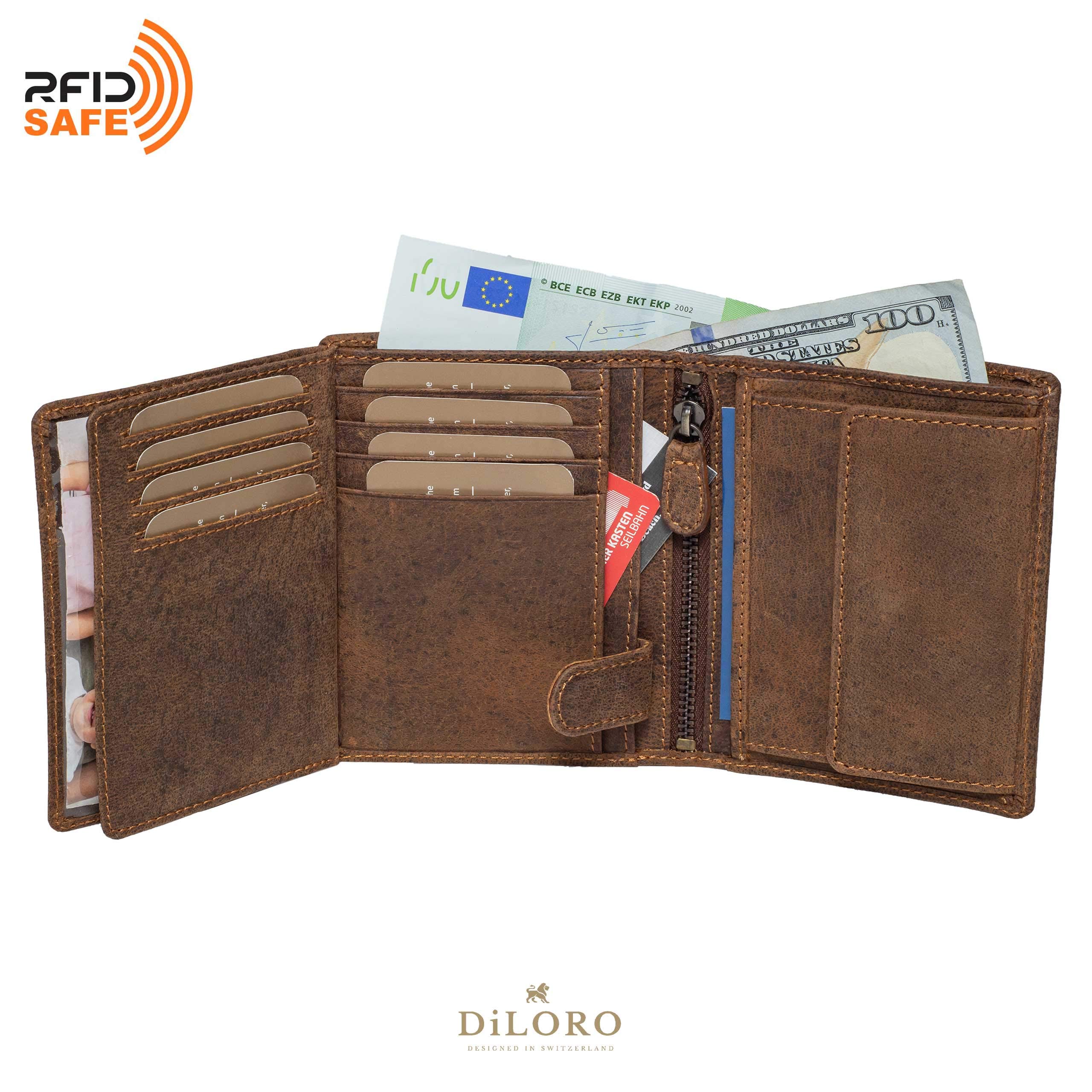 DiLoro Mens Wallet RFID Blocking Genuine Full Grain Leather Bifold Wallet with Flip ID Coin and Secure Zip Compartment Extra Large (Dark Hunter Brown)