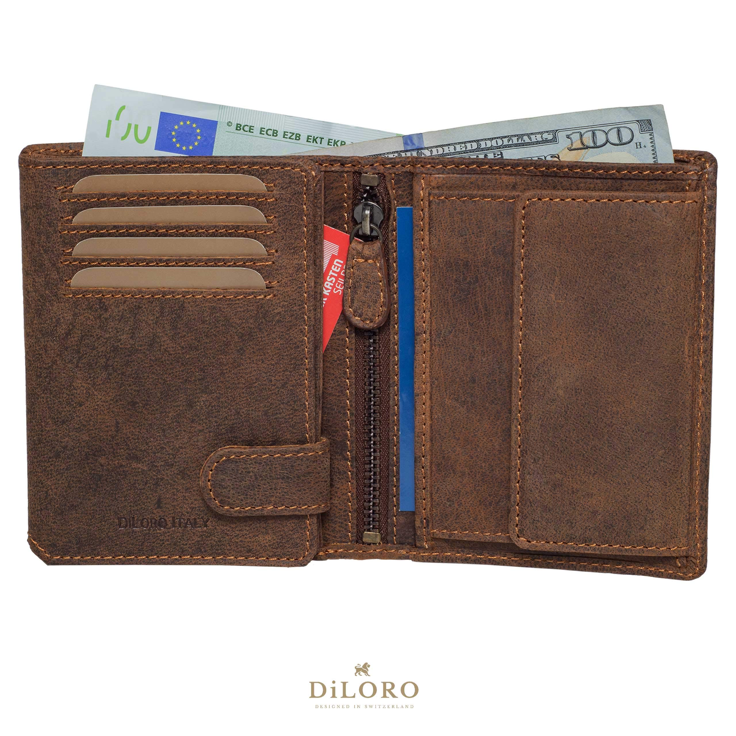 DiLoro Mens Wallet RFID Blocking Genuine Full Grain Leather Bifold Wallet with Flip ID Coin and Secure Zip Compartment Extra Large (Dark Hunter Brown)