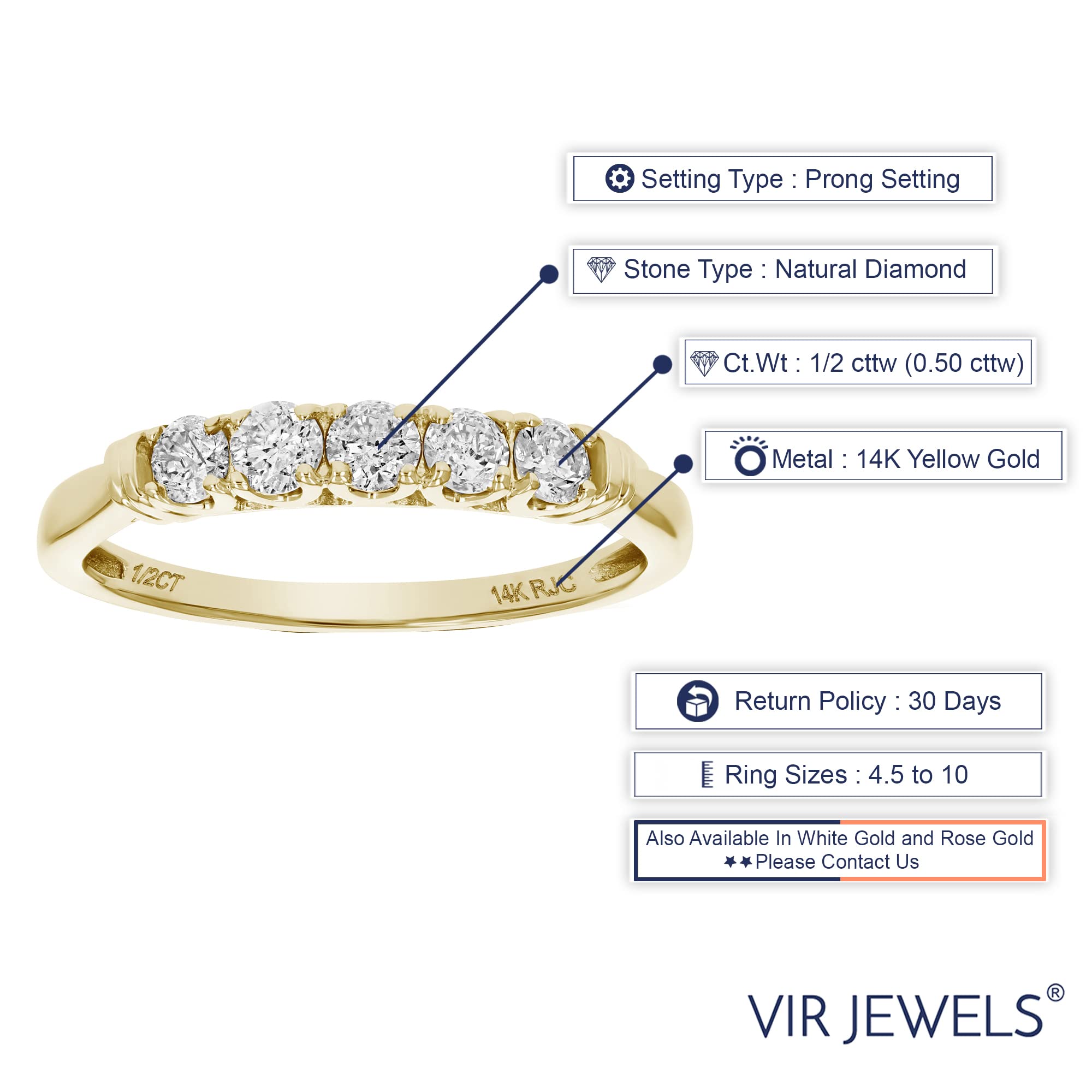 VIR JEWELS 1/2 cttw 5 Stone Diamond Ring Engagement Bridal in 14K Yellow Gold Round Prong Size 7