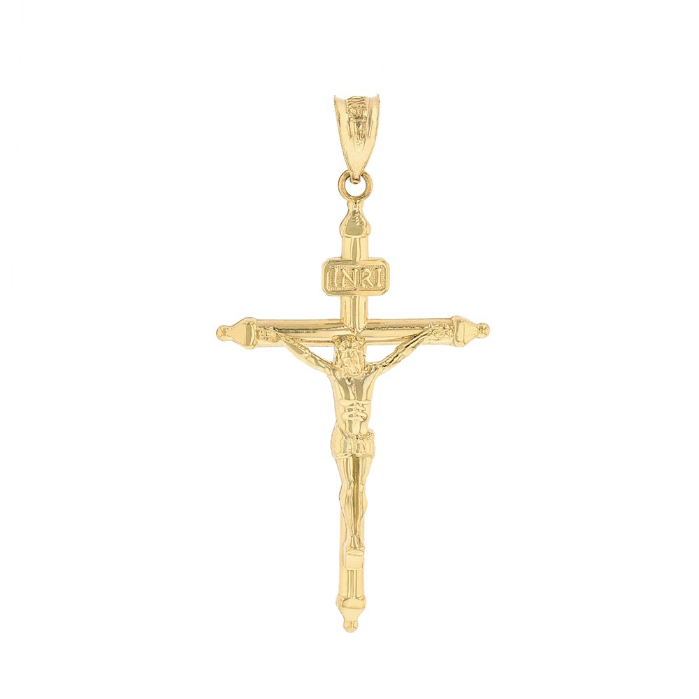 Solid 10k Yellow Gold Passion Cross INRI Crucifix Pendant (1.2")