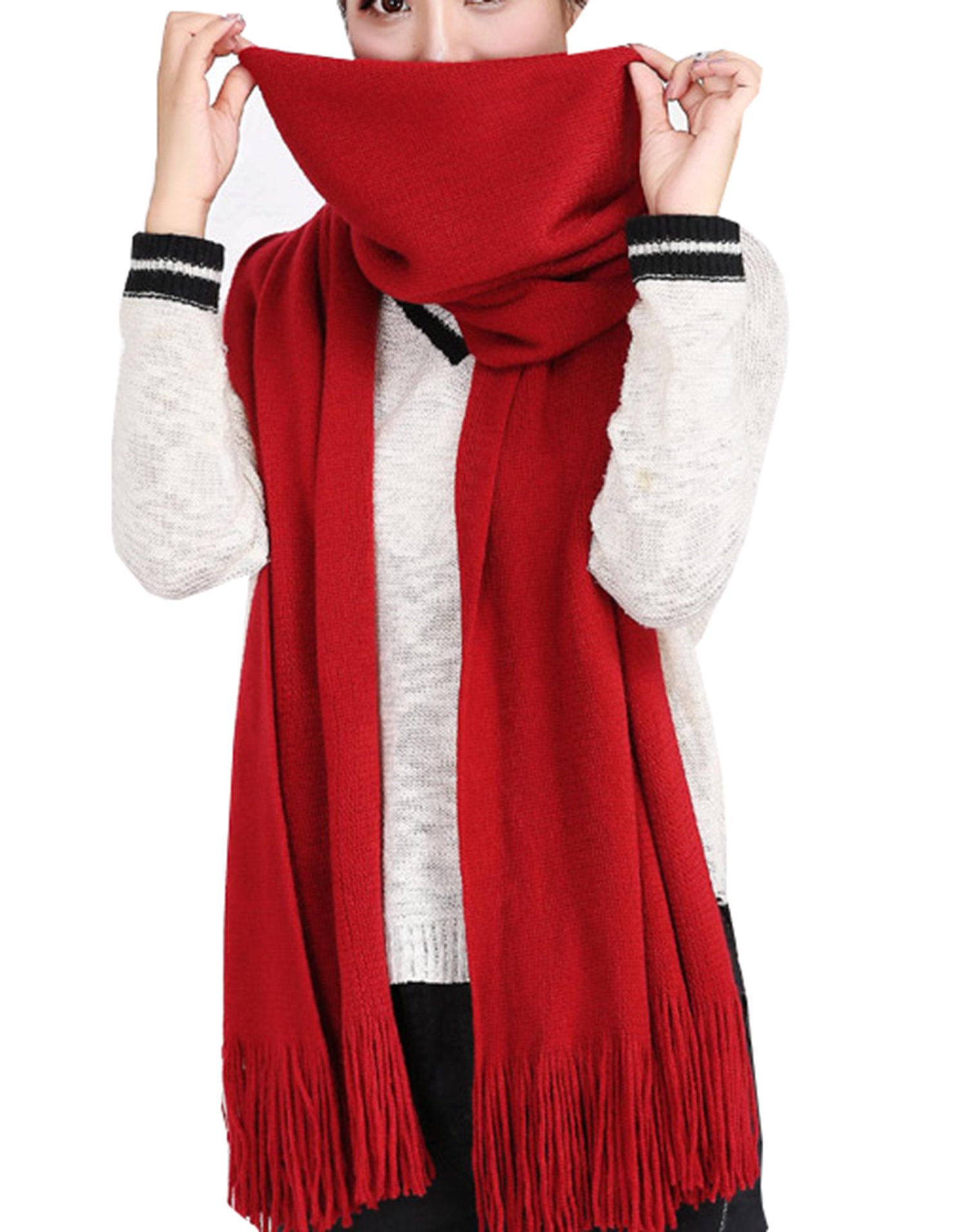 Wander Agio Women's Wraps Warm Long Scarves Winter Scarfs Pure Color Scarf Tassel Wine Red