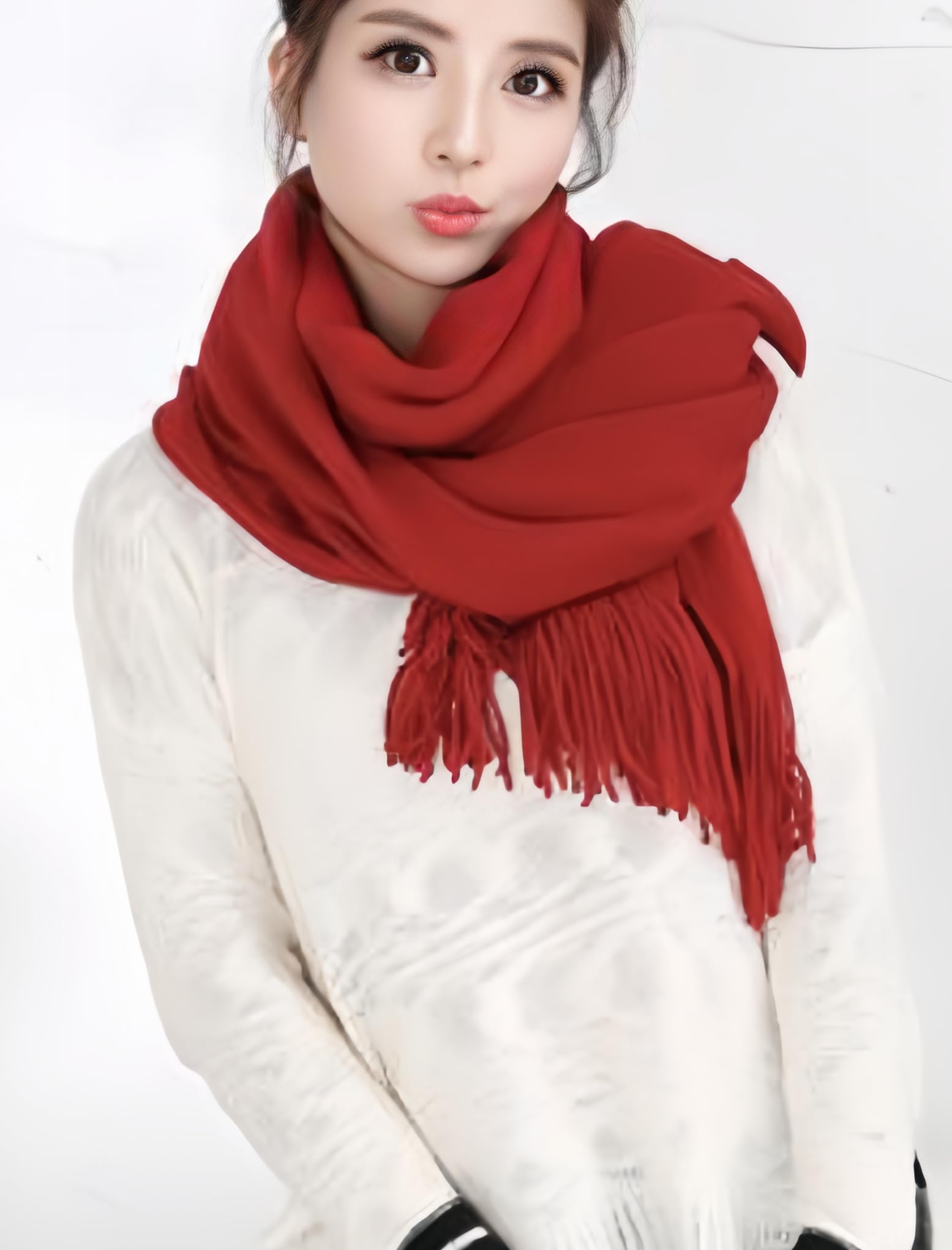 Wander Agio Women's Wraps Warm Long Scarves Winter Scarfs Pure Color Scarf Tassel Wine Red