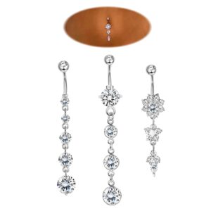 JOERICA 3Pcs 14G 316L Stainless Steel Belly Button Rings for Women Flower CZ Dangle Belly Button Rings Navel Piercing Jewelry