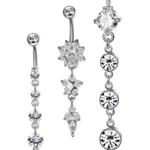 JOERICA 3Pcs 14G 316L Stainless Steel Belly Button Rings for Women Flower CZ Dangle Belly Button Rings Navel Piercing Jewelry