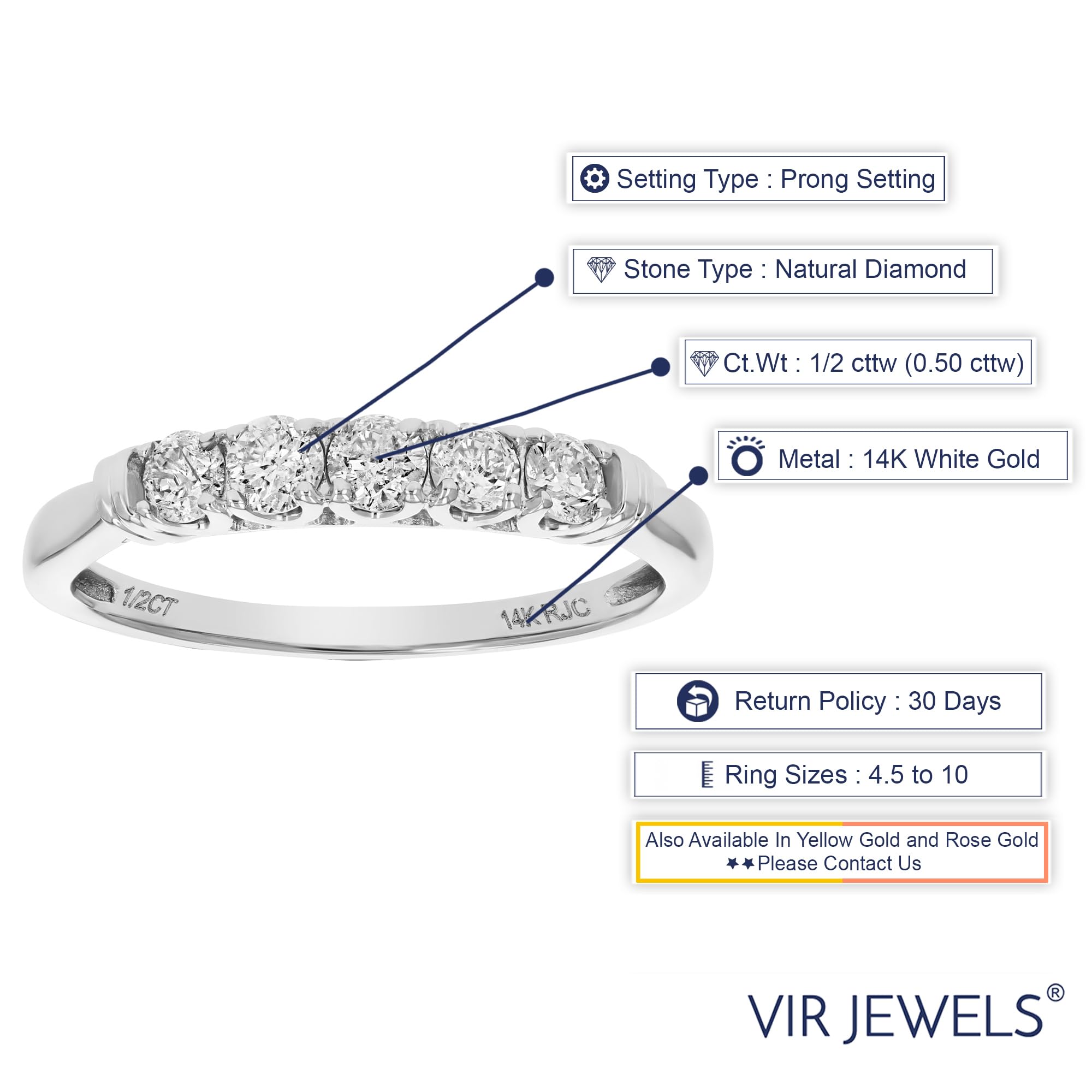 VIR JEWELS 1/2 cttw 5 Stone Diamond Ring Engagement Bridal in 14K White Gold Round Prong Size 6