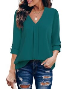 youtalia long sleeve tops for women, ladies business casual shirts loose cute v neck chiffon blouses solid color pleated flowy tunic shirts for party (x-large, dark cyan)